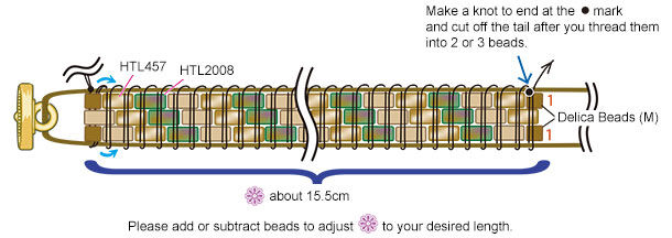 Make a knot to end at the mark and cut off the tail after you thread them into two or three beads.